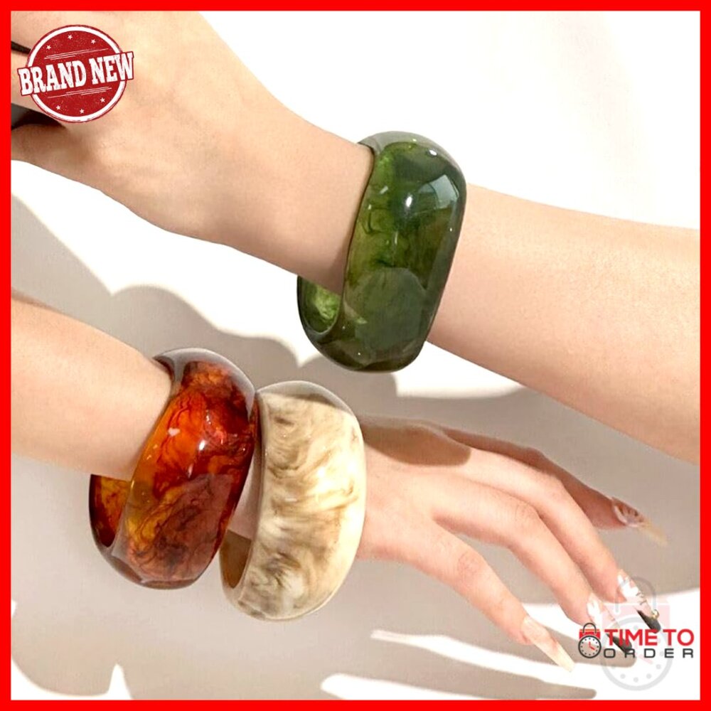 Resin Chunky Bangle Bracelets Set, Stackable Wide… - image 2